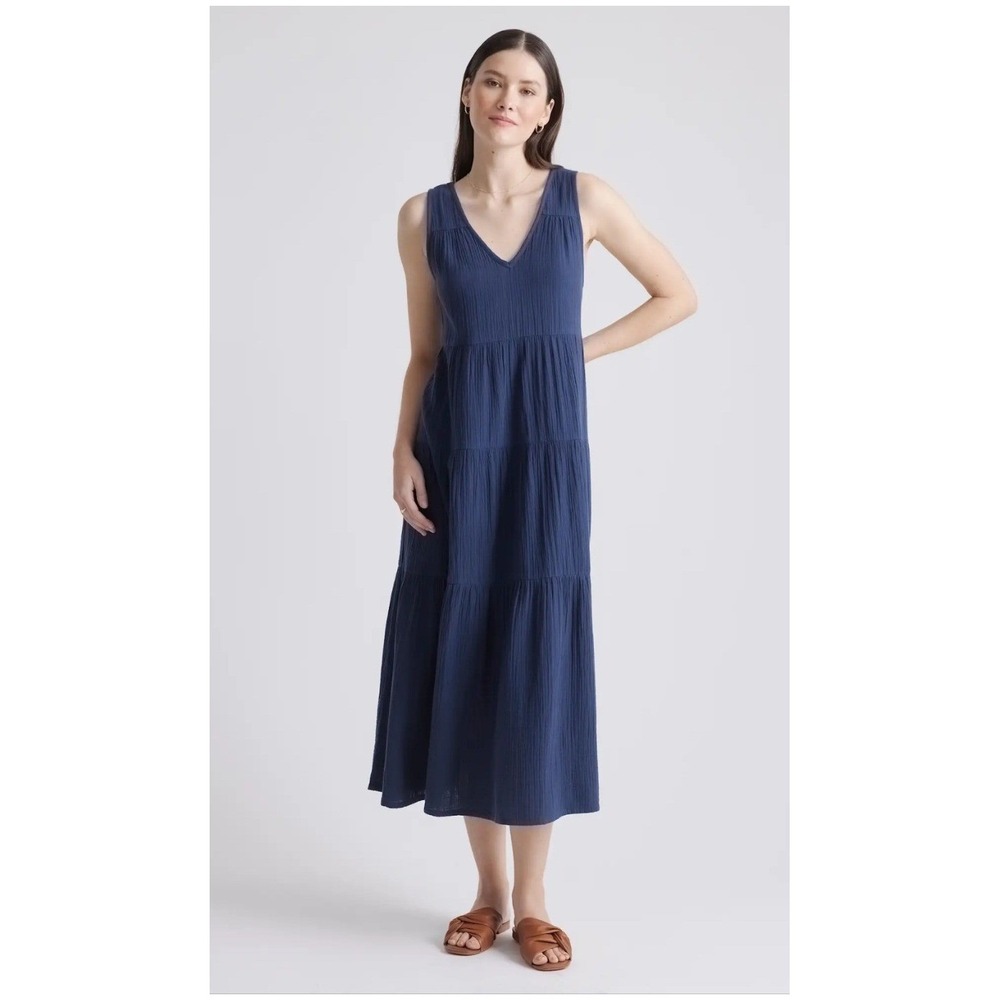 Quince 100% Organic Cotton Gauze Tiered Maxi Dress Indigo Blue Medium